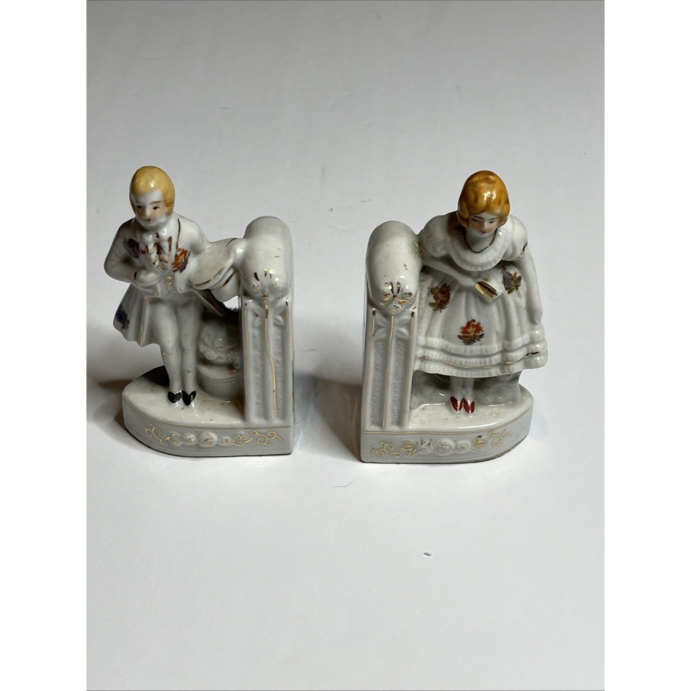 Vintage Figural Bookends Decor Man & Woman Floral Porcelain Made In Japan
